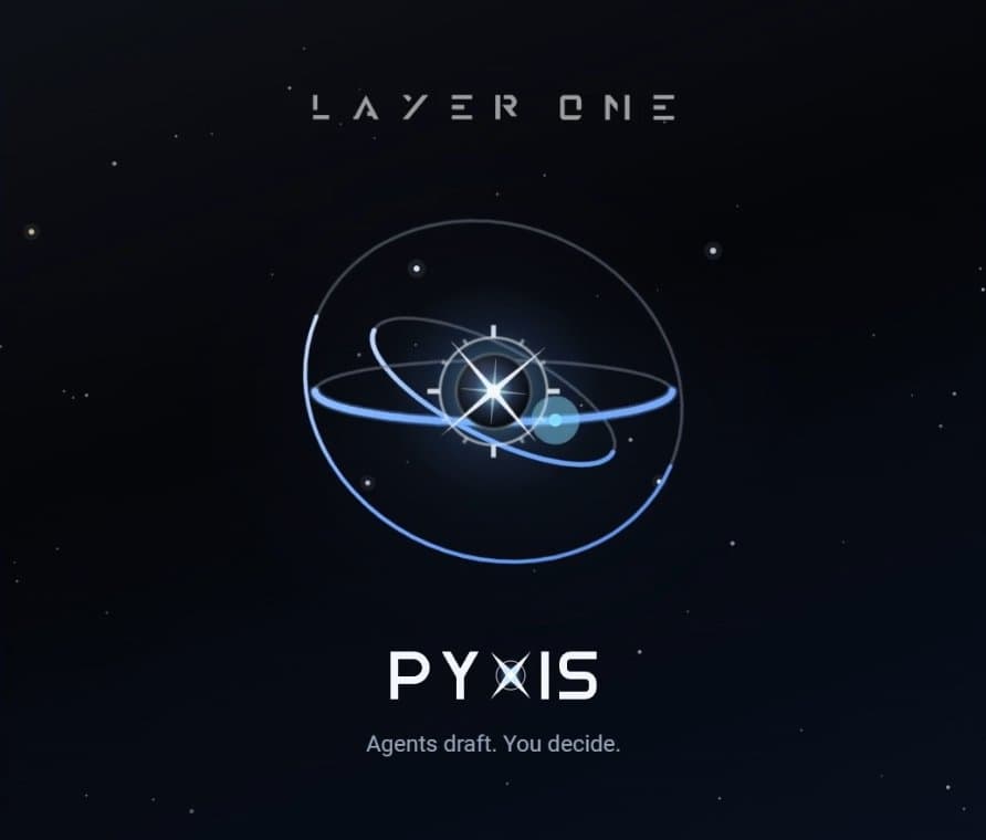 Pyxis logo, a glowing compass orbit on a starfield