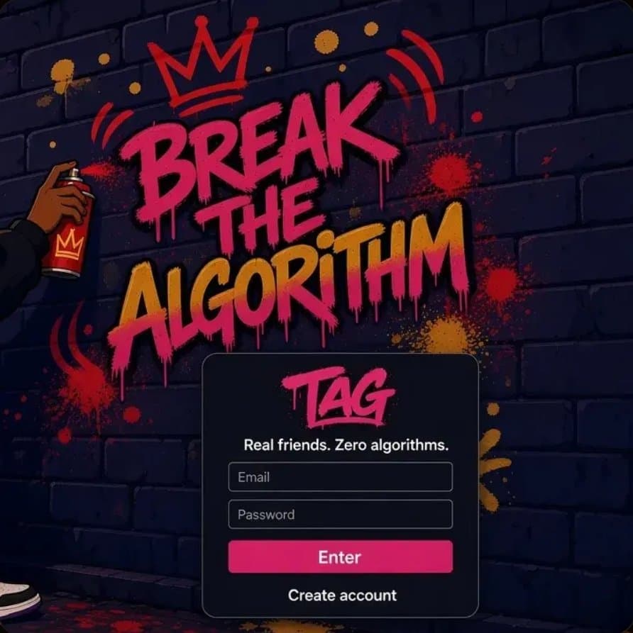 Tag, You're It sign-in screen over graffiti artwork reading Break the Algorithm